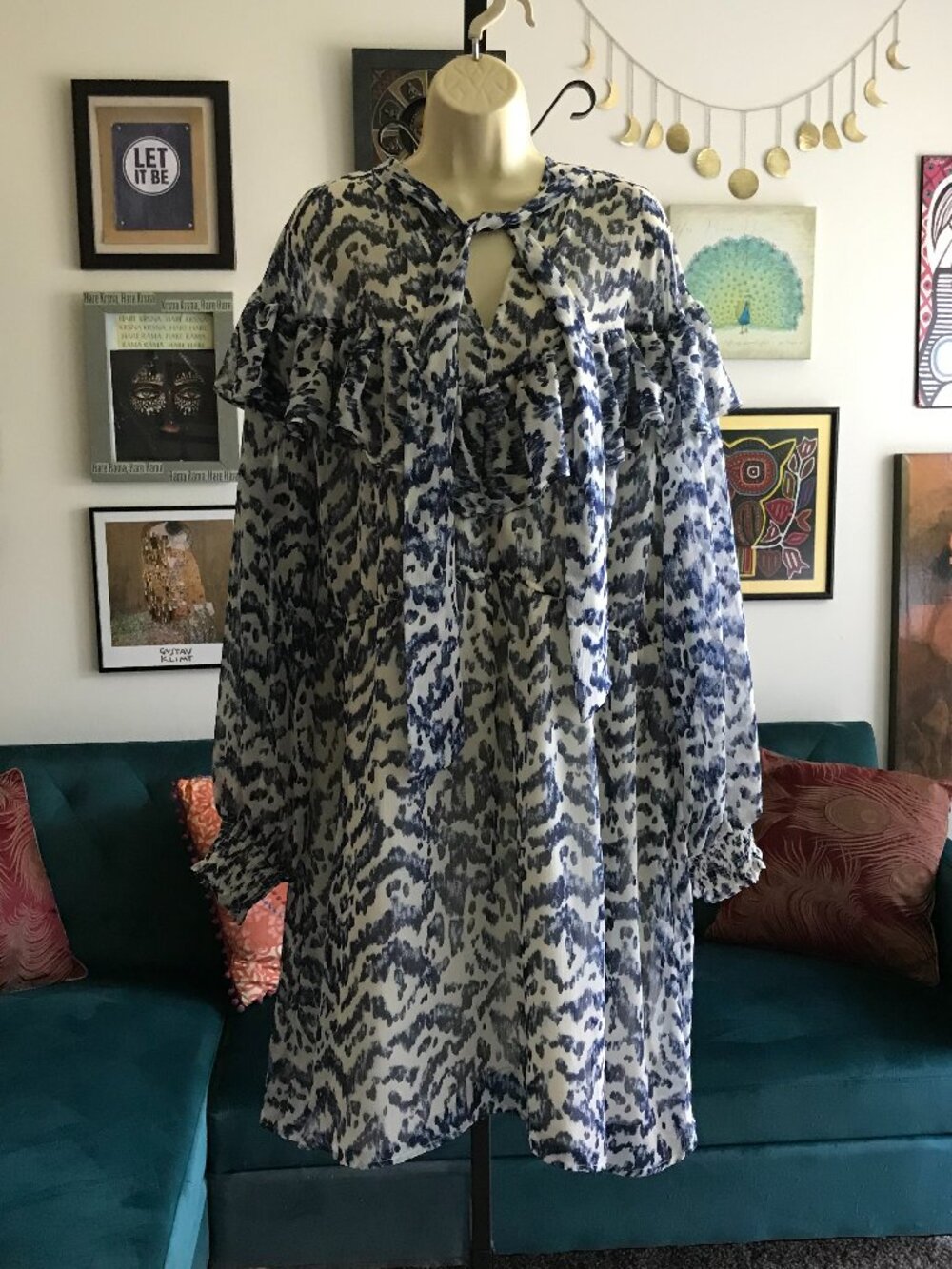 ELOQUII Elements size 26 Blue Animal Ikat Print Tie Neck Fit And Flare Dress NWT